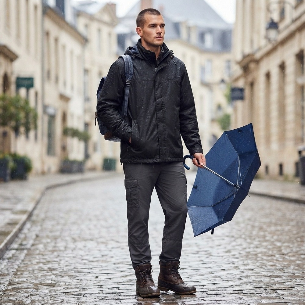 Lands' End Packable Squall Waterproof Raincoat Fleece Lined Insulated Black XL